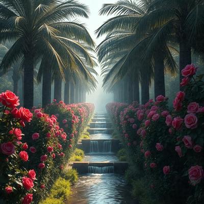 The primary subject of the image is a beautiful garden with a waterfall surrounded by a variety of flowers. The setting is a lush, green environment with palm trees and a waterway. The visual style is a combination of photo and digital art, creating a vibrant and colorful scene. The dominant colors are pink and red, giving the garden a warm and inviting atmosphere.